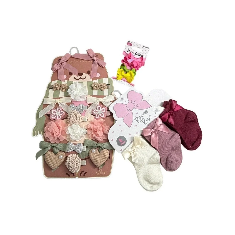 Ava Olivia Princess Rose Kids Hair Clip Bow Sock Baby Girl Set Bundle 27 pc